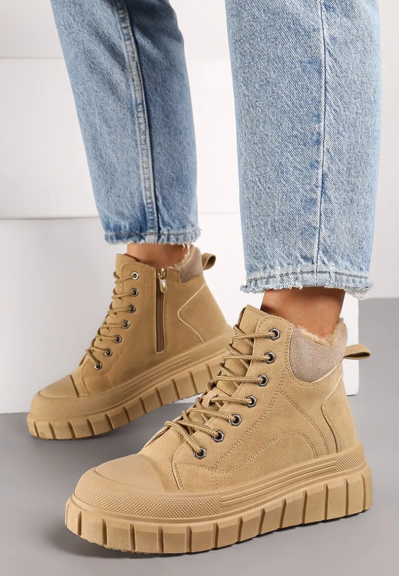 Beżowe Sznurowane Botki Vices na Platformie Ozdobionej Tłoczeniem Savalirae