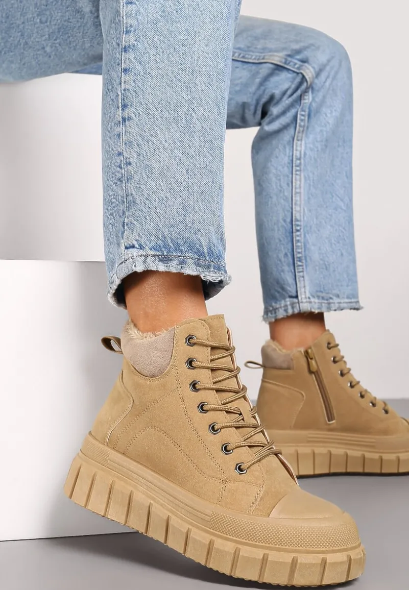 Beżowe Sznurowane Botki Vices na Platformie Ozdobionej Tłoczeniem Savalirae