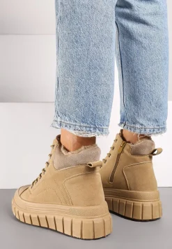 Beżowe Sznurowane Botki Vices na Platformie Ozdobionej Tłoczeniem Savalirae