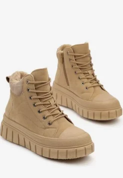 Beżowe Sznurowane Botki Vices na Platformie Ozdobionej Tłoczeniem Savalirae