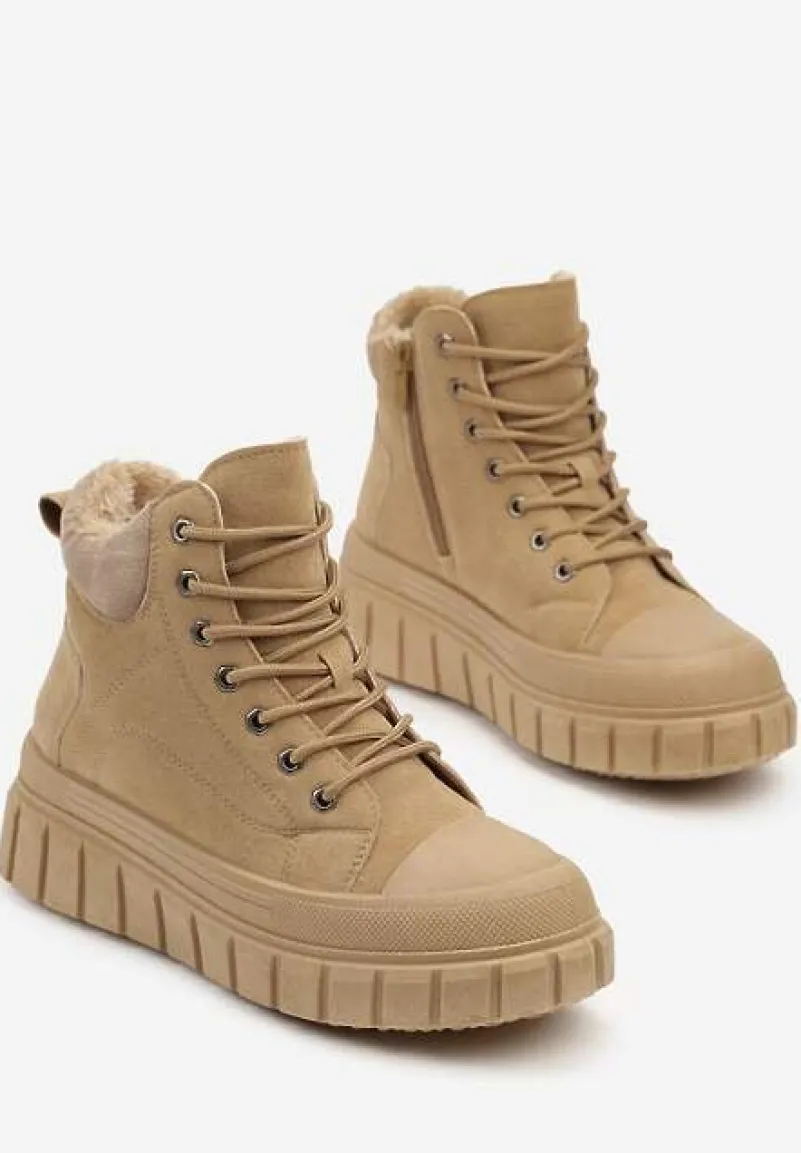 Beżowe Sznurowane Botki Vices na Platformie Ozdobionej Tłoczeniem Savalirae