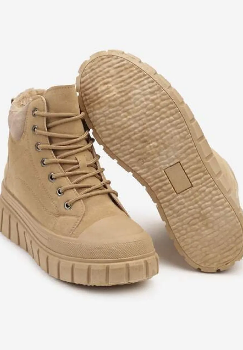 Beżowe Sznurowane Botki Vices na Platformie Ozdobionej Tłoczeniem Savalirae