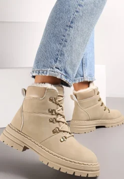 Beżowe Sznurowane Botki w Stylu Traperów z Mocnym Ociepleniem Taleisha