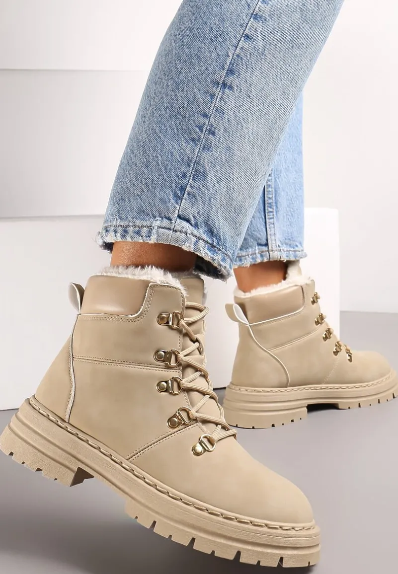 Beżowe Sznurowane Botki w Stylu Traperów z Mocnym Ociepleniem Taleisha
