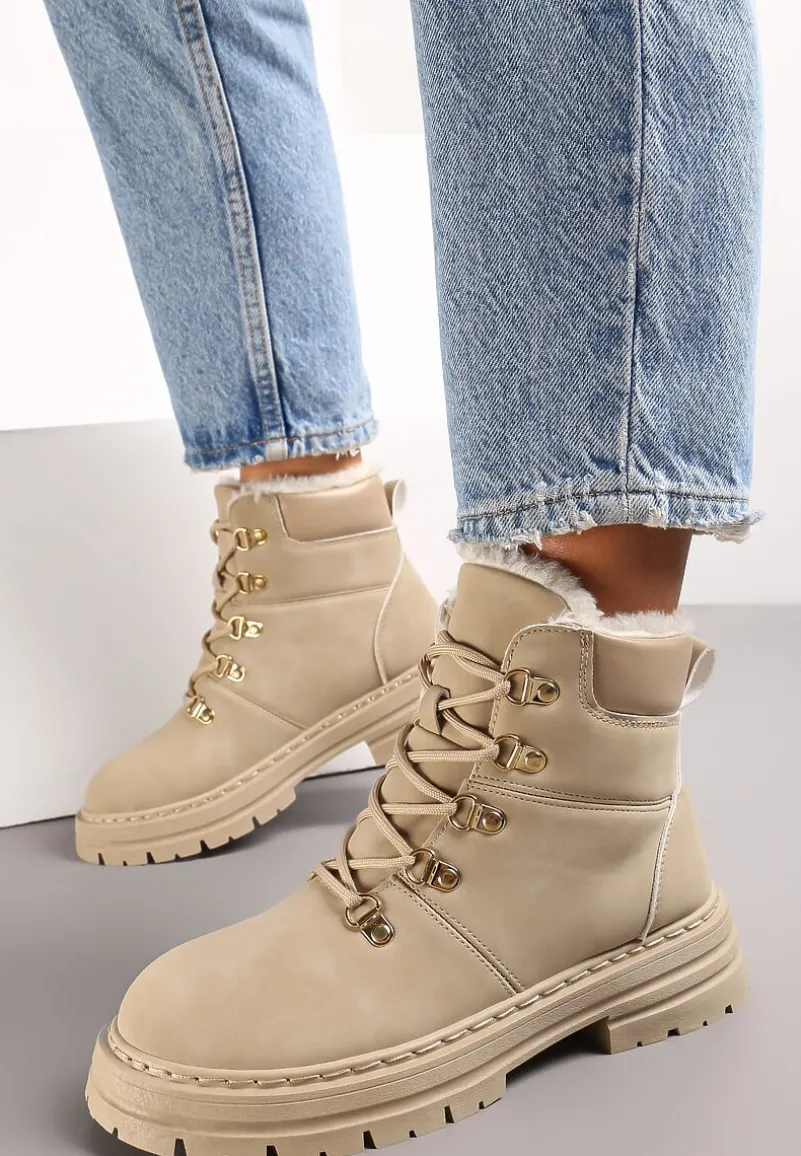 Beżowe Sznurowane Botki w Stylu Traperów z Mocnym Ociepleniem Taleisha