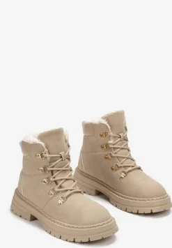 Beżowe Sznurowane Botki w Stylu Traperów z Mocnym Ociepleniem Taleisha