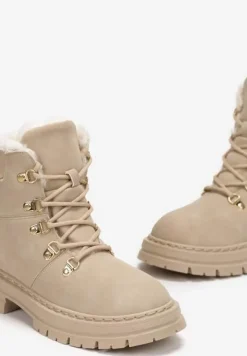Beżowe Sznurowane Botki w Stylu Traperów z Mocnym Ociepleniem Taleisha