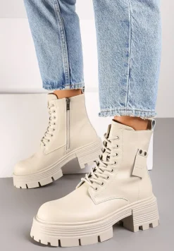 Beżowe Sznurowane Botki Workery ze Skóry Naturalnej na Płaskiej Podeszwie z Aplikacją Cresa