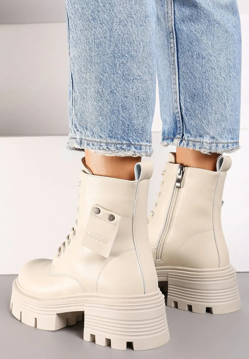 Beżowe Sznurowane Botki Workery ze Skóry Naturalnej na Płaskiej Podeszwie z Aplikacją Cresa