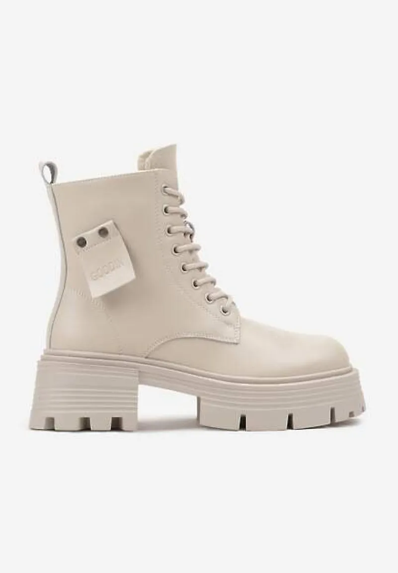 Beżowe Sznurowane Botki Workery ze Skóry Naturalnej na Płaskiej Podeszwie z Aplikacją Cresa