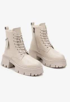 Beżowe Sznurowane Botki Workery ze Skóry Naturalnej na Płaskiej Podeszwie z Aplikacją Cresa