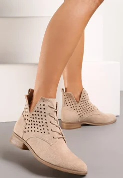 Beżowe Sznurowane Botki ze Skórzaną Wkładką Ażurową Cholewką za Kostkę i Wycięciem Tlixa