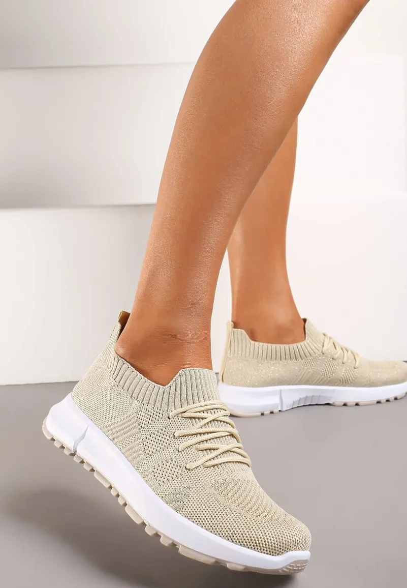 Beżowe Sznurowane Buty Sportowe na Płaskiej Podeszwie Ozdobione Perforacją Nilalama