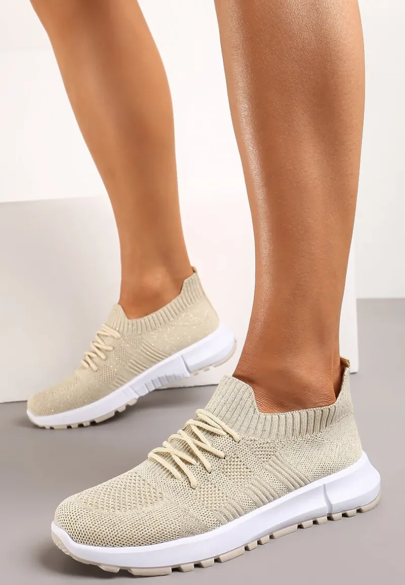 Beżowe Sznurowane Buty Sportowe na Płaskiej Podeszwie Ozdobione Perforacją Nilalama