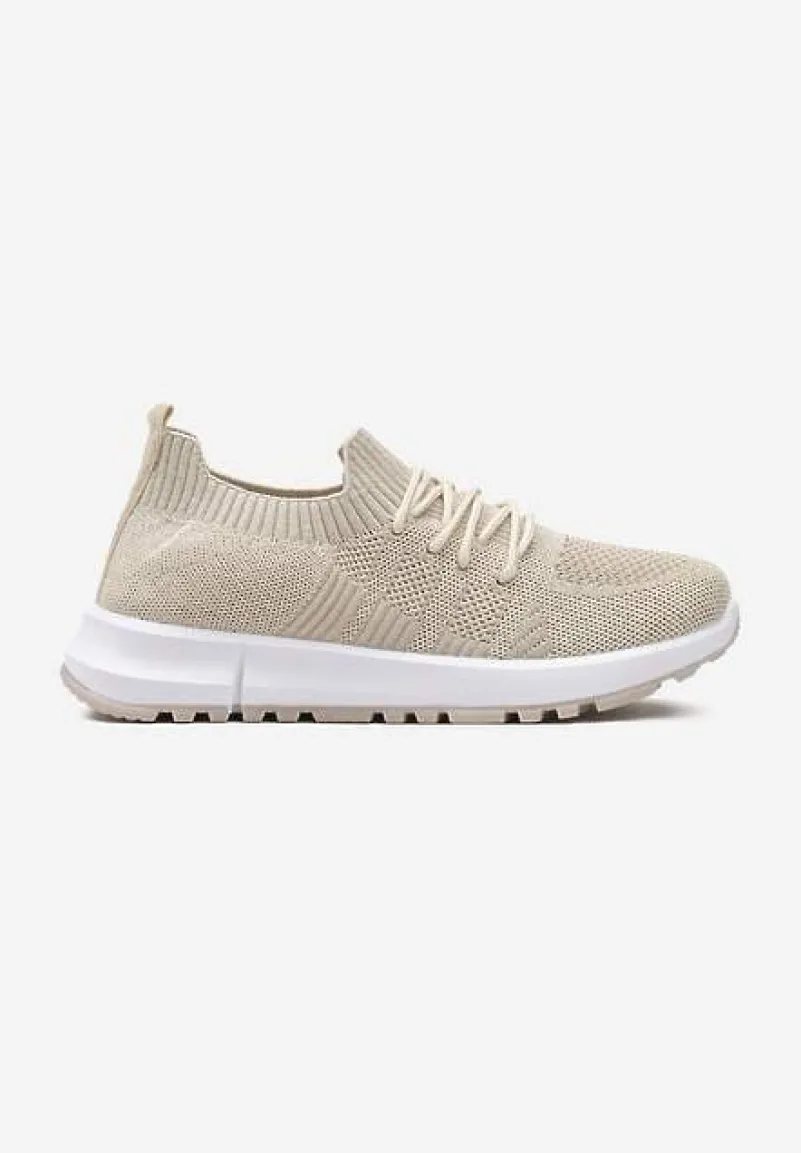 Beżowe Sznurowane Buty Sportowe na Płaskiej Podeszwie Ozdobione Perforacją Nilalama