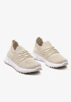 Beżowe Sznurowane Buty Sportowe na Płaskiej Podeszwie Ozdobione Perforacją Nilalama