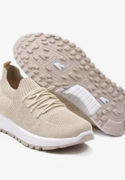 Beżowe Sznurowane Buty Sportowe na Płaskiej Podeszwie Ozdobione Perforacją Nilalama