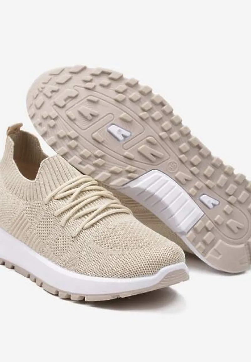 Beżowe Sznurowane Buty Sportowe na Płaskiej Podeszwie Ozdobione Perforacją Nilalama