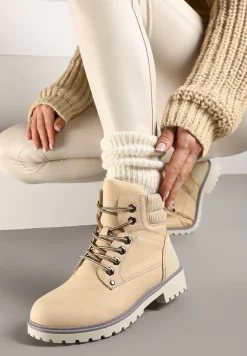 Beżowe Sznurowane Casualowe Traperki na Płaskiej Podeszwie Relobia