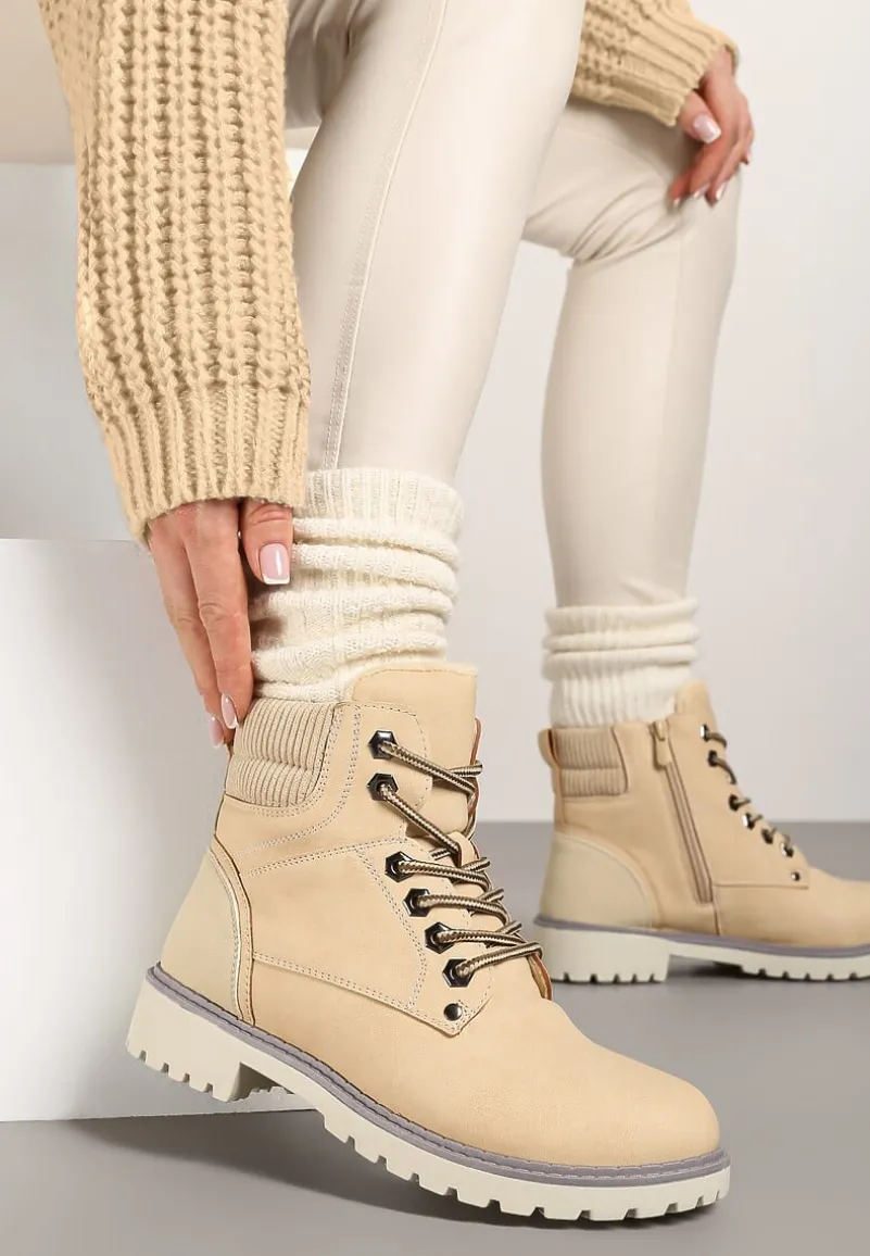 Beżowe Sznurowane Casualowe Traperki na Płaskiej Podeszwie Relobia