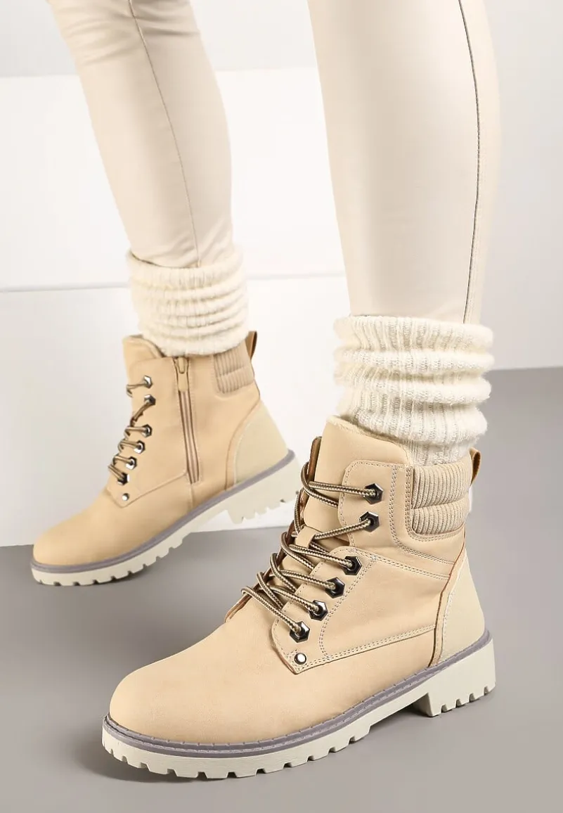 Beżowe Sznurowane Casualowe Traperki na Płaskiej Podeszwie Relobia