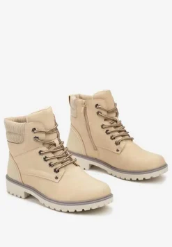 Beżowe Sznurowane Casualowe Traperki na Płaskiej Podeszwie Relobia