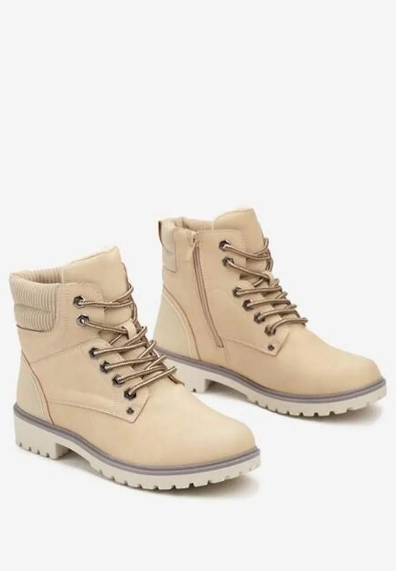 Beżowe Sznurowane Casualowe Traperki na Płaskiej Podeszwie Relobia