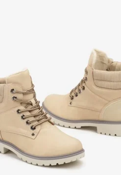 Beżowe Sznurowane Casualowe Traperki na Płaskiej Podeszwie Relobia