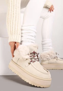 Beżowe Sznurowane Śniegowce na Platformie Ocieplone Futerkiem Liatheine