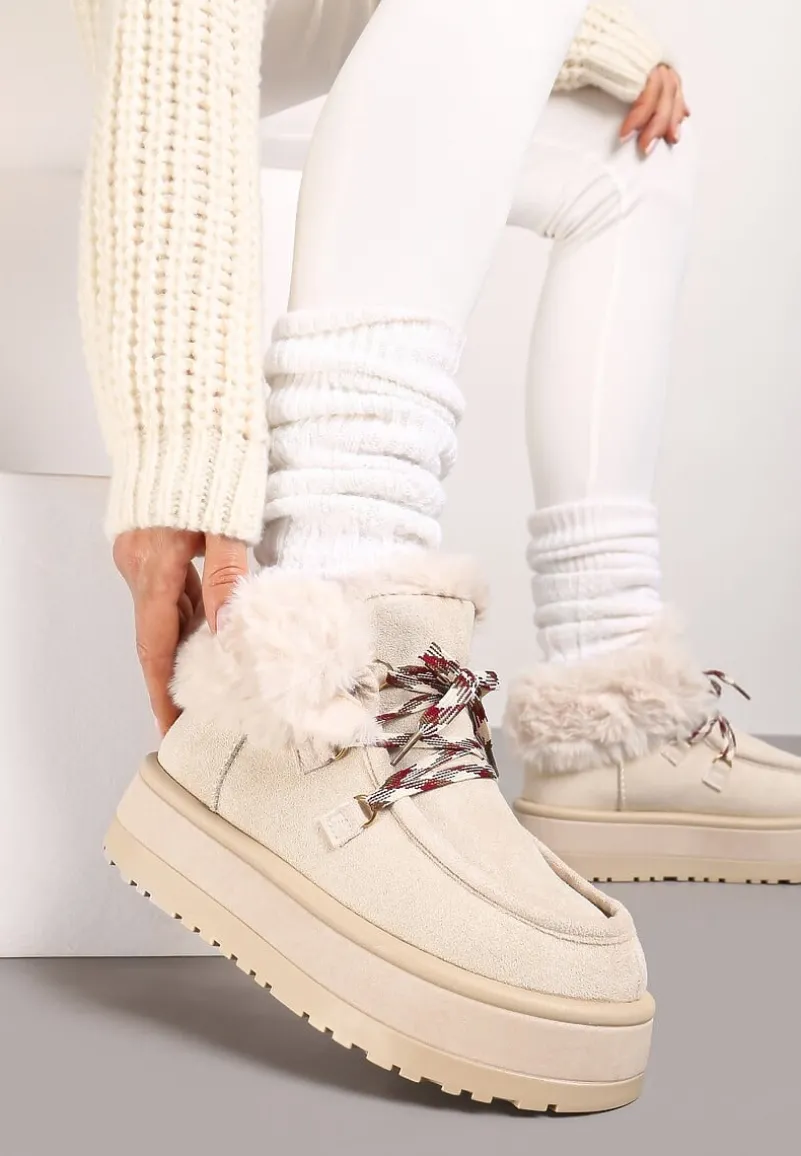 Beżowe Sznurowane Śniegowce na Platformie Ocieplone Futerkiem Liatheine