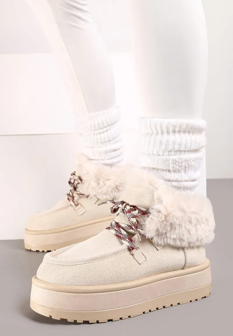 Beżowe Sznurowane Śniegowce na Platformie Ocieplone Futerkiem Liatheine