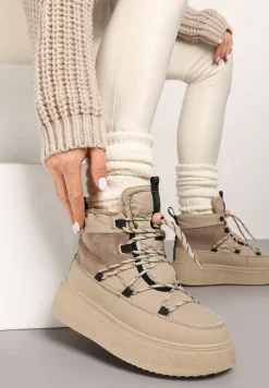 Beżowe Sznurowane Śniegowce Mocno Ocieplane na Platformie Tinnacia