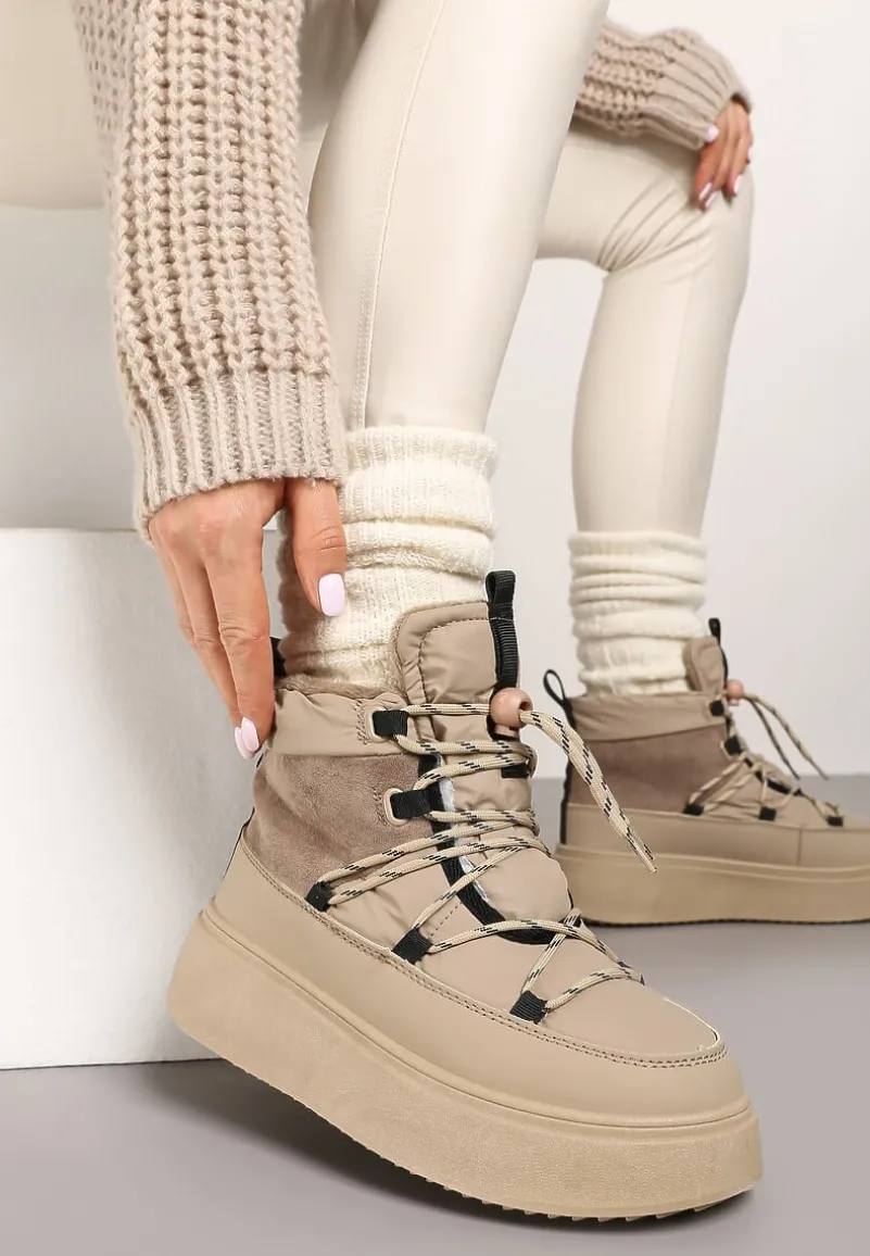 Beżowe Sznurowane Śniegowce Mocno Ocieplane na Platformie Tinnacia
