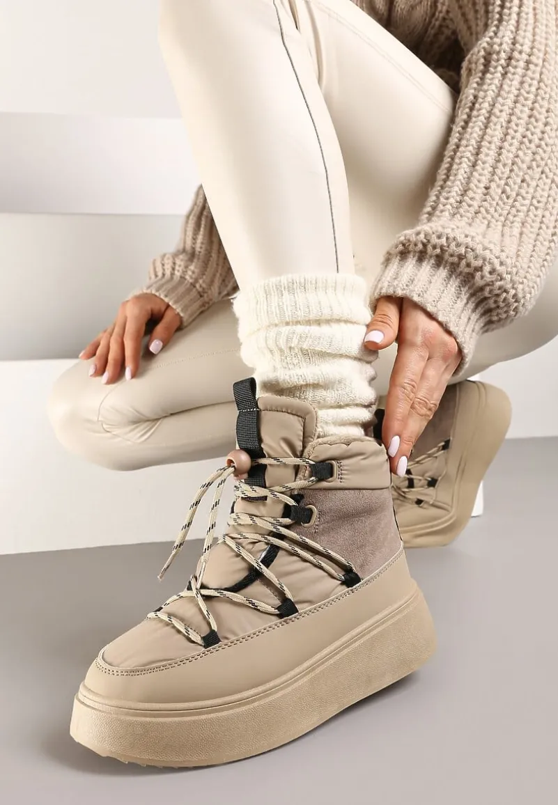 Beżowe Sznurowane Śniegowce Mocno Ocieplane na Platformie Tinnacia