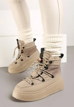 Beżowe Sznurowane Śniegowce Mocno Ocieplane na Platformie Tinnacia