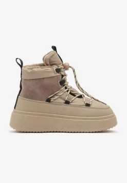 Beżowe Sznurowane Śniegowce Mocno Ocieplane na Platformie Tinnacia