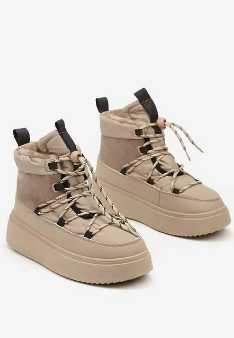 Beżowe Sznurowane Śniegowce Mocno Ocieplane na Platformie Tinnacia