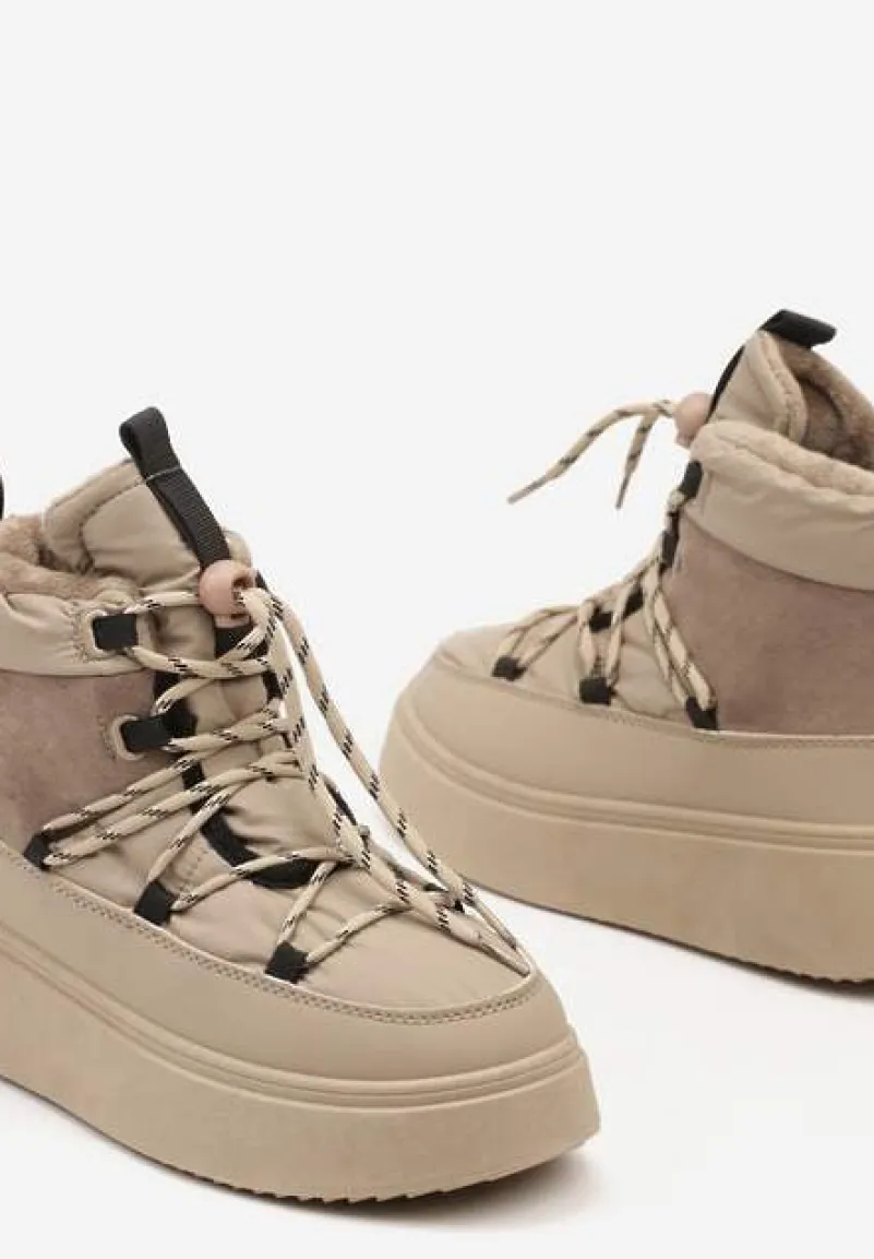 Beżowe Sznurowane Śniegowce Mocno Ocieplane na Platformie Tinnacia