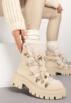 Beżowe Sznurowane Śniegowce na Platformie z Ociepleniem Innathiel