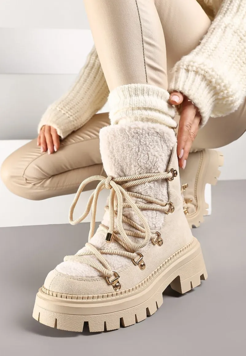 Beżowe Sznurowane Śniegowce na Platformie z Ociepleniem Innathiel