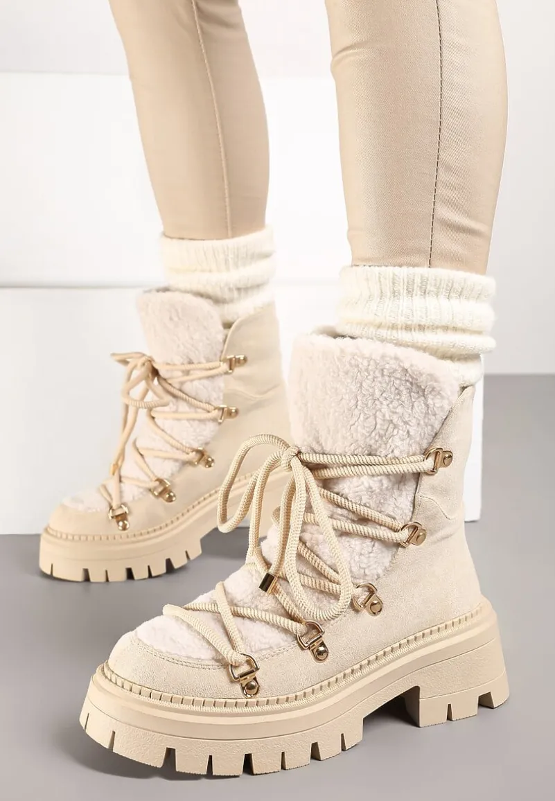 Beżowe Sznurowane Śniegowce na Platformie z Ociepleniem Innathiel