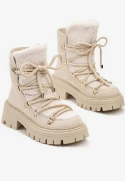 Beżowe Sznurowane Śniegowce na Platformie z Ociepleniem Innathiel