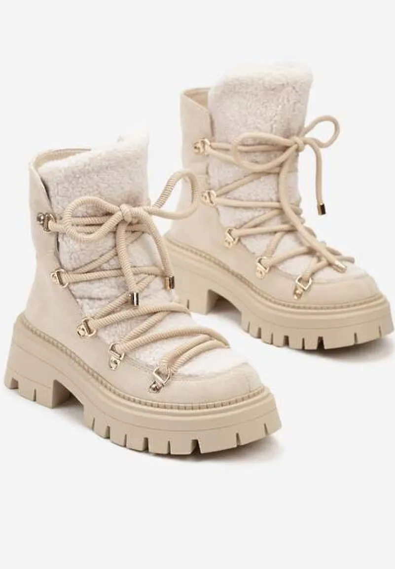 Beżowe Sznurowane Śniegowce na Platformie z Ociepleniem Innathiel