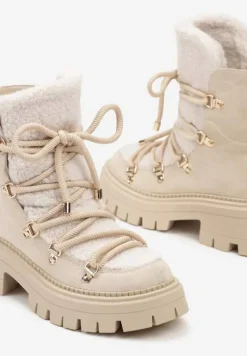 Beżowe Sznurowane Śniegowce na Platformie z Ociepleniem Innathiel
