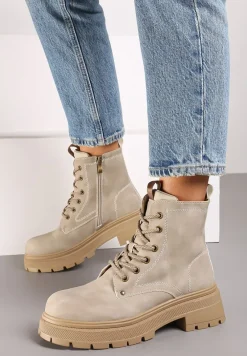Beżowe Sznurowane Płaskie Botki w Stylu Workerów Cleida