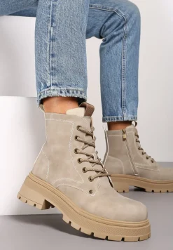 Beżowe Sznurowane Płaskie Botki w Stylu Workerów Cleida