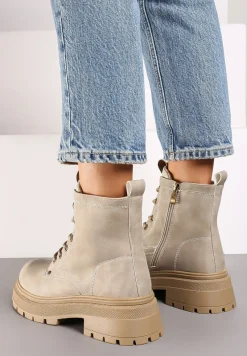 Beżowe Sznurowane Płaskie Botki w Stylu Workerów Cleida