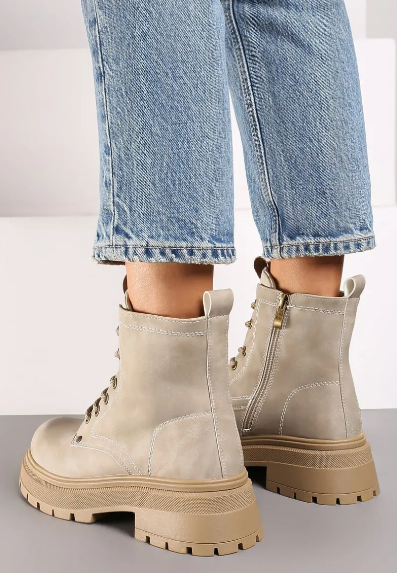 Beżowe Sznurowane Płaskie Botki w Stylu Workerów Cleida