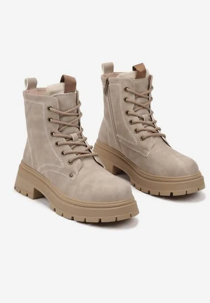 Beżowe Sznurowane Płaskie Botki w Stylu Workerów Cleida