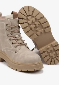 Beżowe Sznurowane Płaskie Botki w Stylu Workerów Cleida